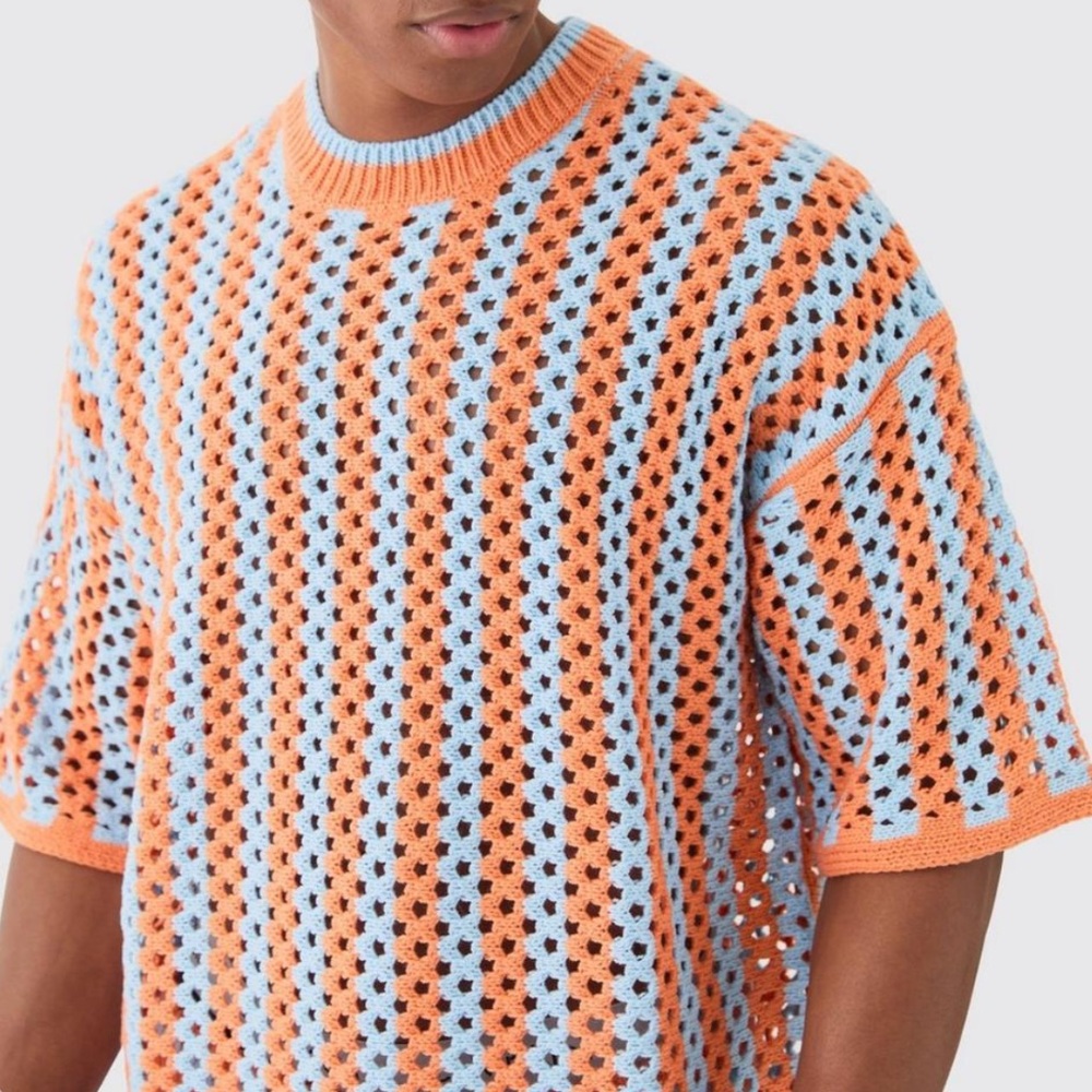 NWOT Oversized Boxy Open Stitch Strip Knit T-Shirt - Light blue/orange